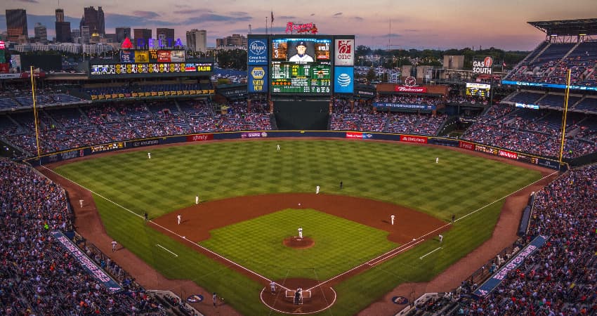 aerial view of truist park during an atlanta braves baseball game