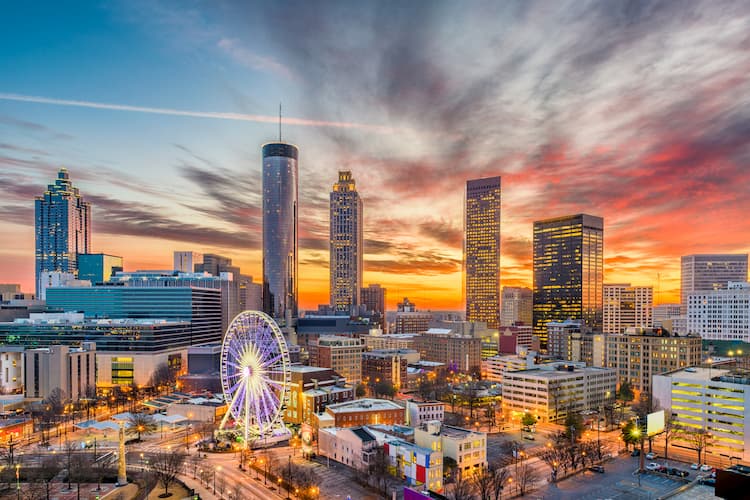 the downtown atlanta skyline at sunset