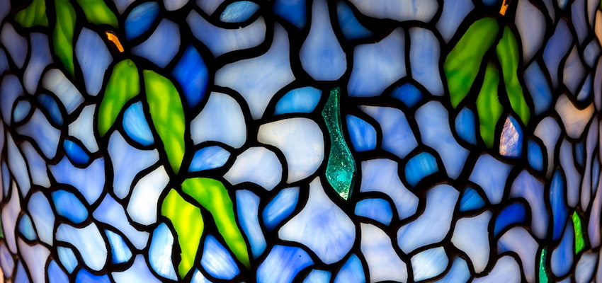 closeup of a Tiffany glass lampshade on display at The Charles Hosmer Morse Museum of American Art near Orlando Florida