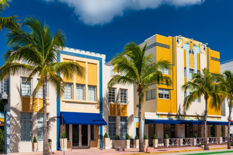 Yellow, blue and white buildings in Art Deco District