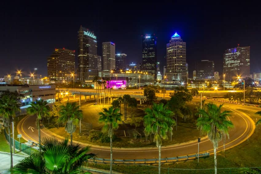 Downtown Tampa decorated with lights at night