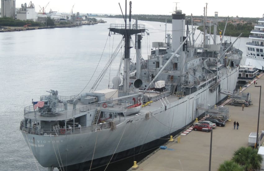 aerial of the SS American Victory docked in Tampa