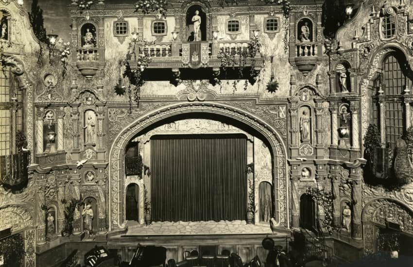 black and white photo of the ornate stage in the Tampa Theatre