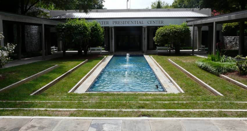 the exterior fountain of the Jimmy Carter Presidential Library and Museum in Atlanta