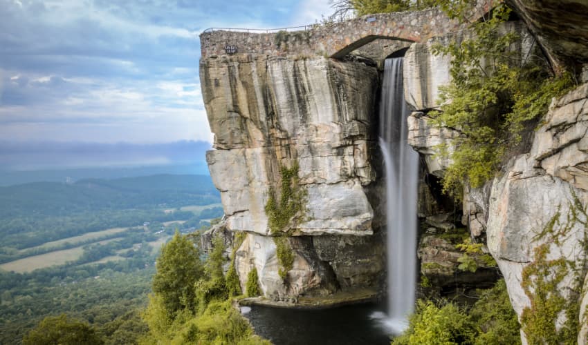 A view of the Lover's Leap waterfall at Rock City