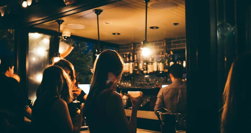 A rooftop bar in the evening