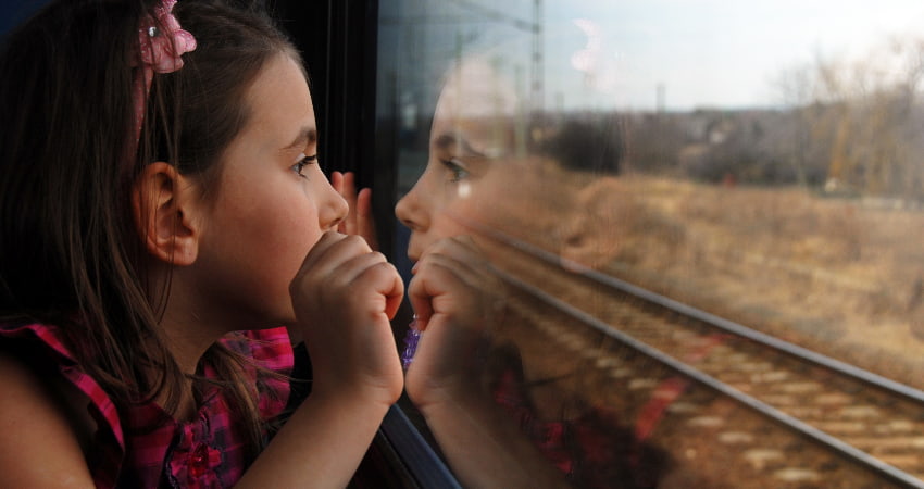 A child watches the landscape roll by from a train window