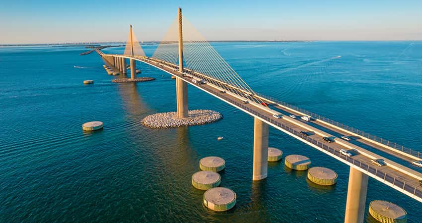 Aerial view of the Sunshine Skyway Bridge in Tampa Bay