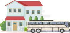 An illustration of a charter bus outside an assisted living home