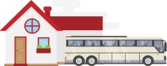 An illustration of a charter bus outside a house